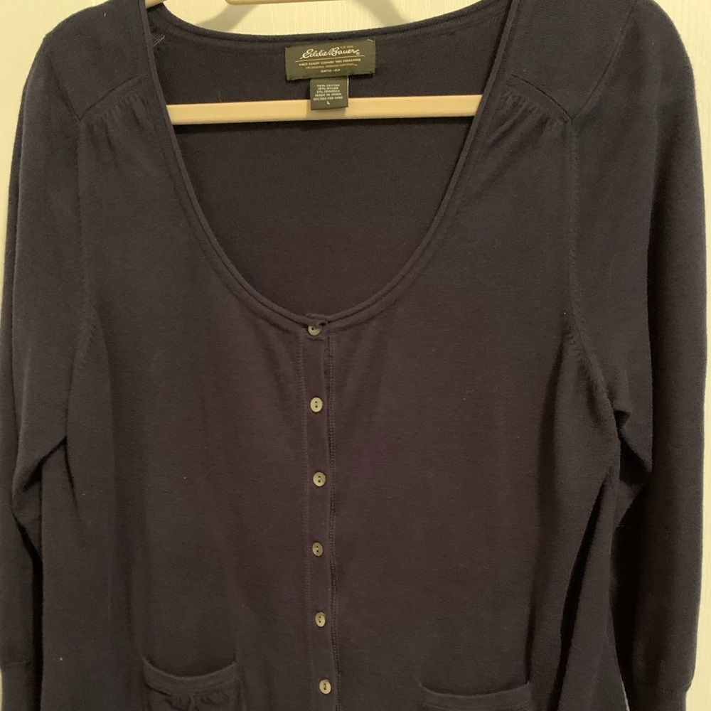 Eddie Bauer Navy Blue three-quarter sleeve button down cardigan